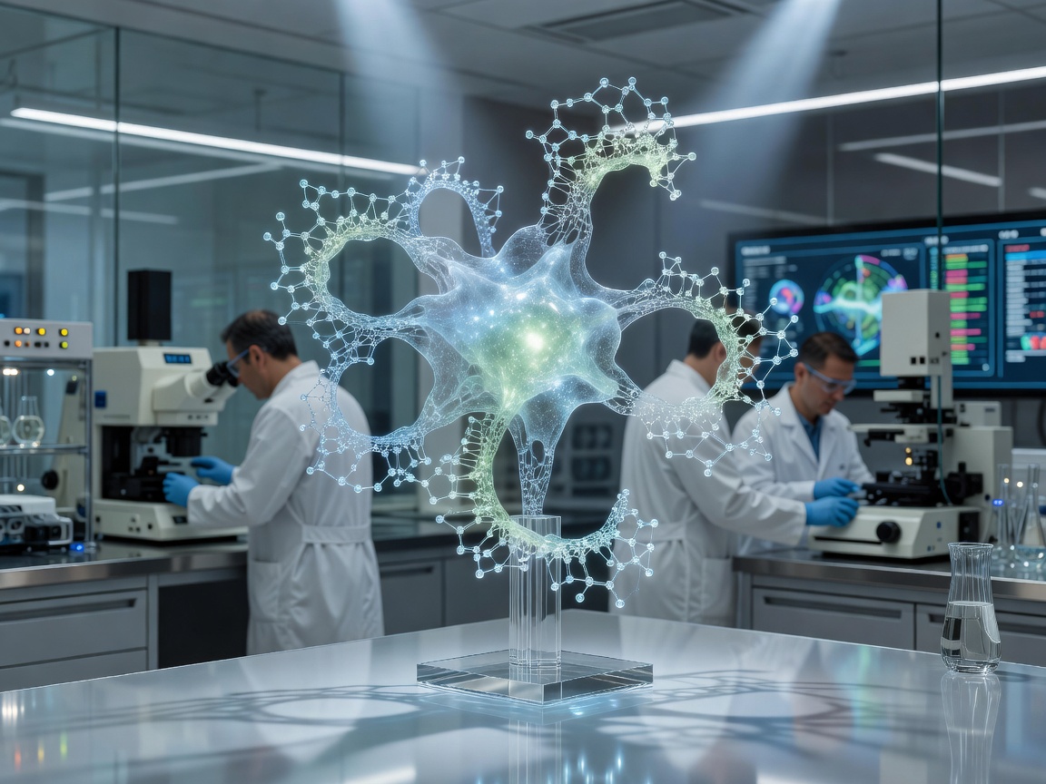 Detailed visualization of a glowing molecular structure in a biotechnology research facility