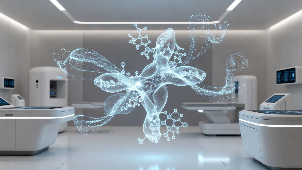 Futuristic digital healthcare interface with floating molecular data and clean medical lighting